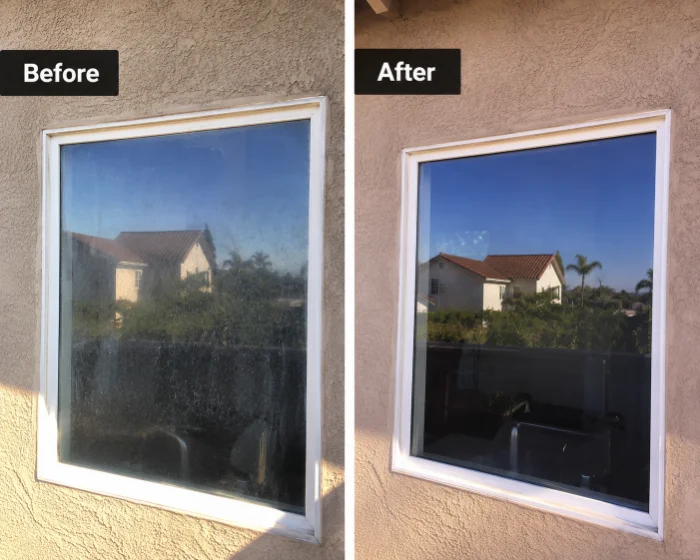 Before and after streak-free window cleaning, San Clemente coastal home